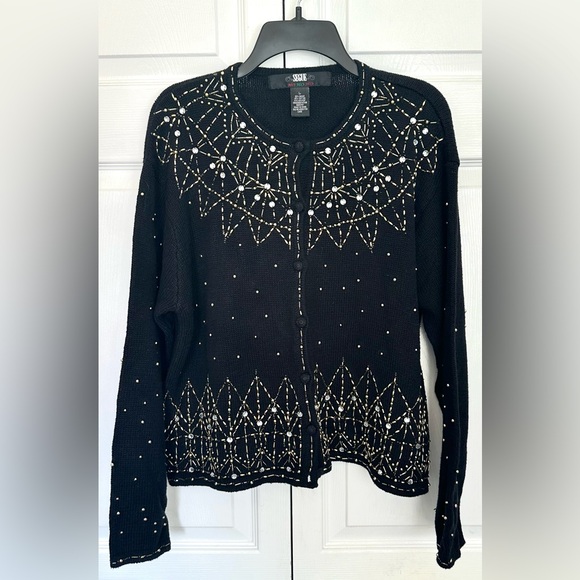 Vintage Segue Ho Ho Ho Holiday Gold & Black Cardigan-Size Large - Picture 1 of 9